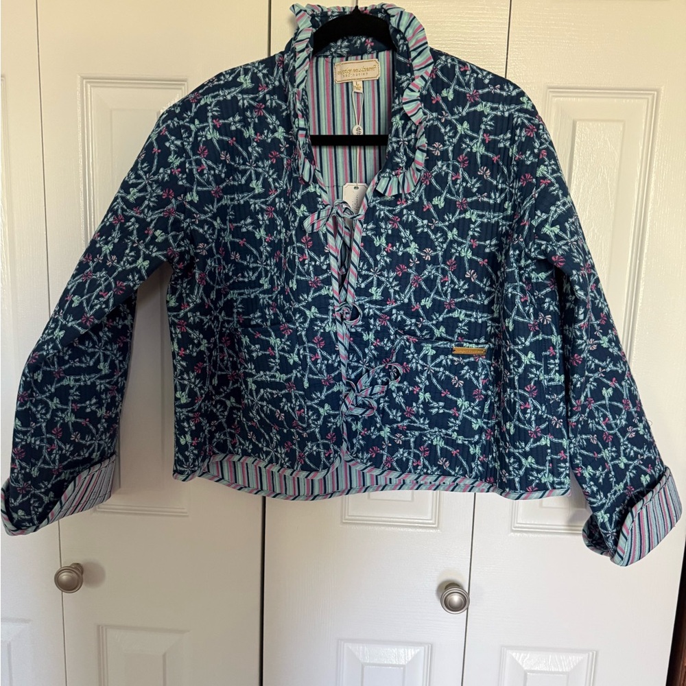 Simply Southern Navy Quilted Jacket with Mint & Pink Floral Accents